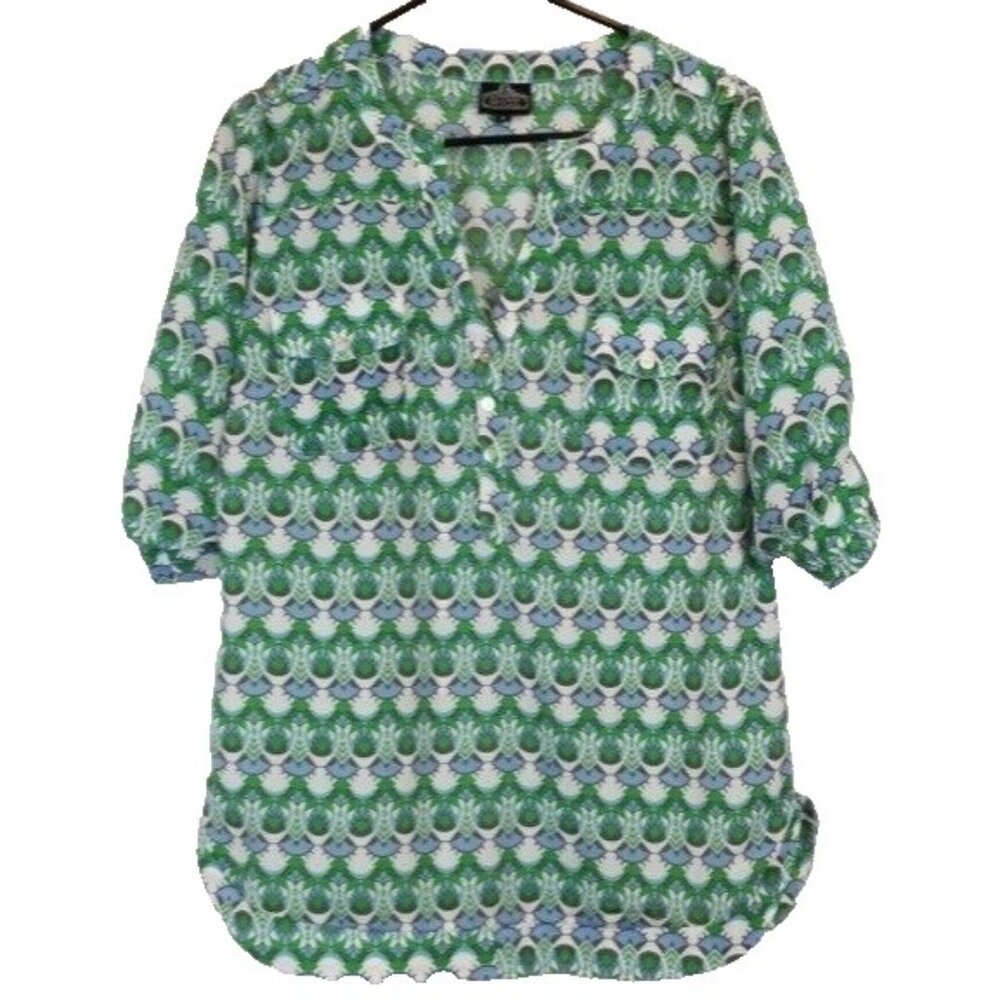 Angie Womens BOHO‎ Blouse Top Medium Green Floral 3/4 Sleeve Casual